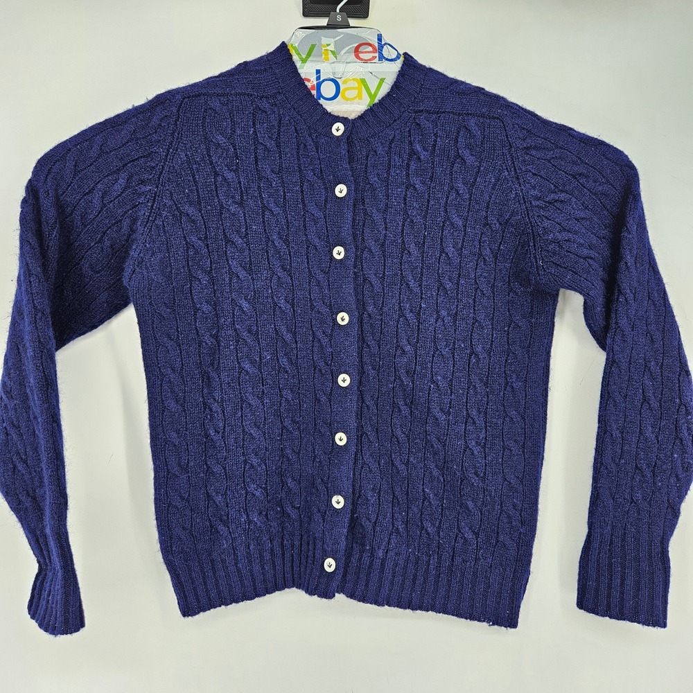 Vintage LL Bean Sweater Womens 42 Shetland Wool Navy Blue Knit Hong Kong